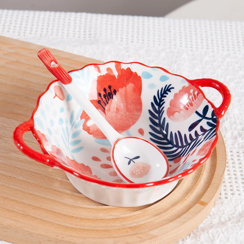 松发瓷器釉下彩红花家用陶瓷沙拉碗米饭碗双耳大碗花瓣碗大汤碗