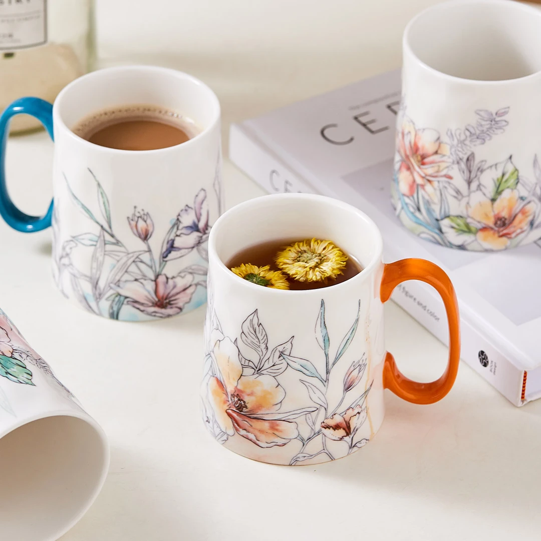 松发瓷器釉中彩浮雕田园风花卉马克杯家用陶瓷大容量喝水杯牛奶杯