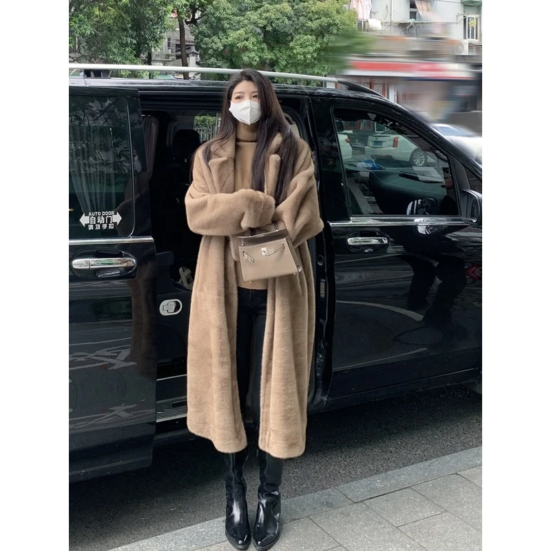 高级感中古皮毛一体大衣过膝长款西装领环保毛绒毛毛外套