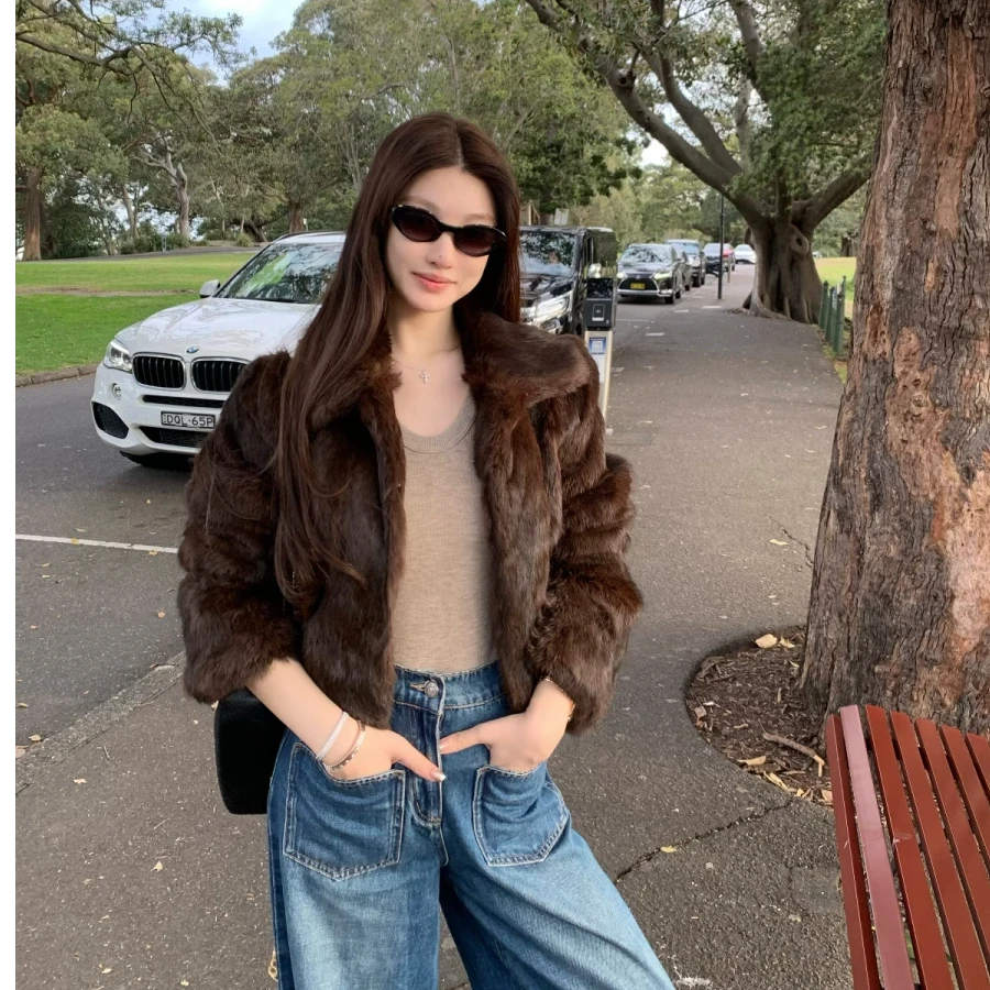 人造皮草 奶姐【上东老钱】咖色仿兔毛环保皮草女外套短款高级感