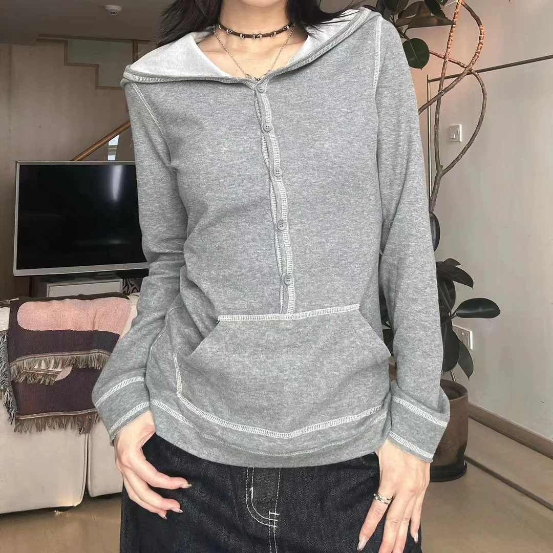 PANPAN【白月光】早秋新款个性撞色明线设计休闲套头连帽卫衣上衣