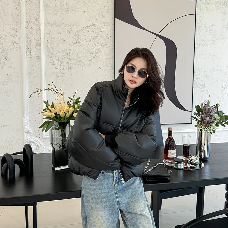 欧美2025冬季新款街头时尚百搭真皮绵羊皮白鹅绒服女宽松廓形外套