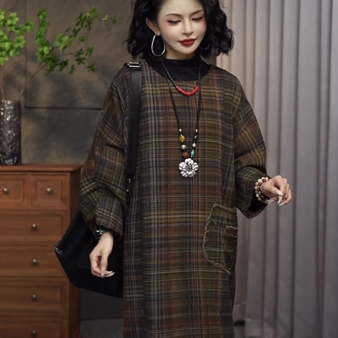 【乔一推荐】2024早秋新款民族风复古100%棉麻中长款连衣裙25613