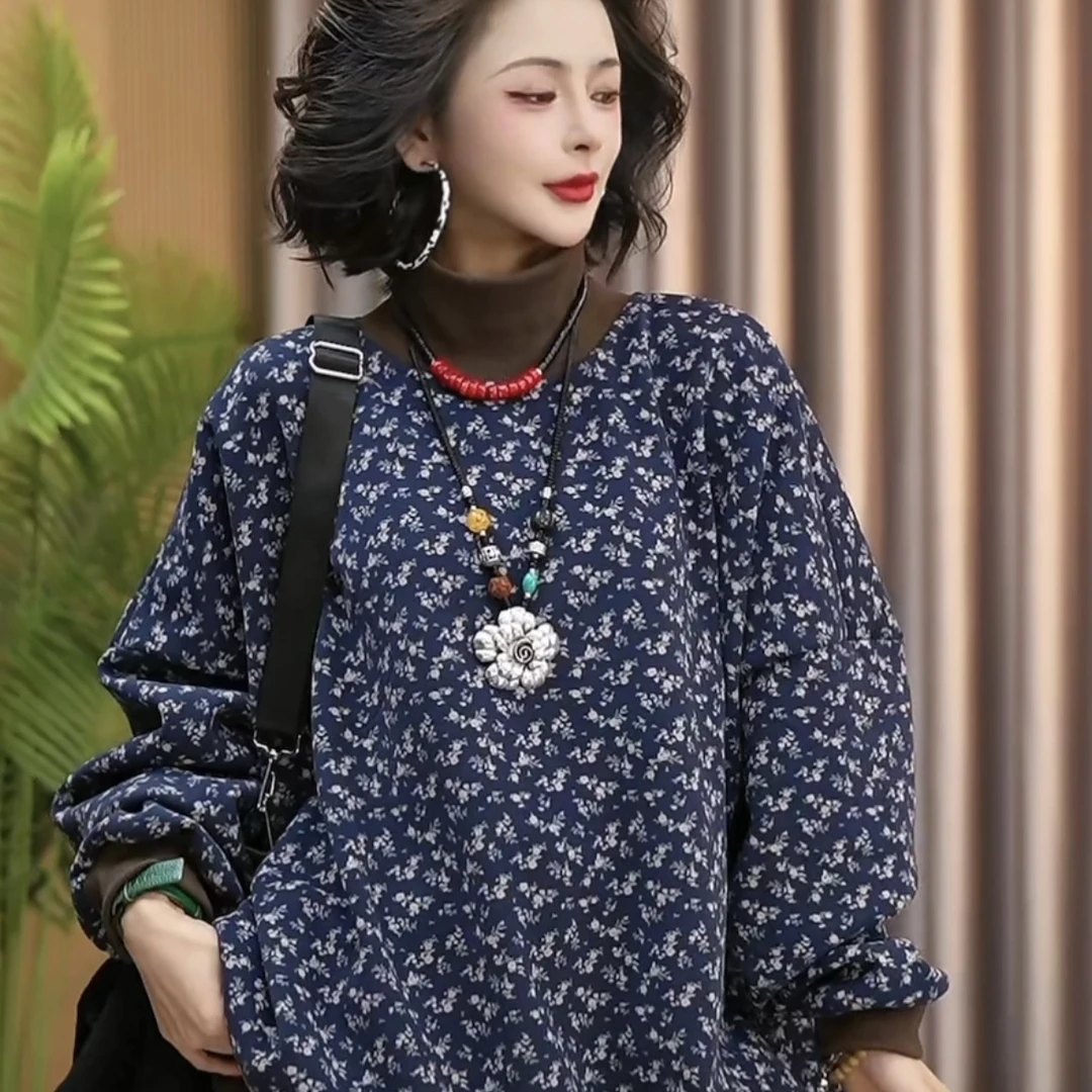 2024秋冬季新款女款洋气时尚百搭花色加绒保暖高领长袖卫衣32075