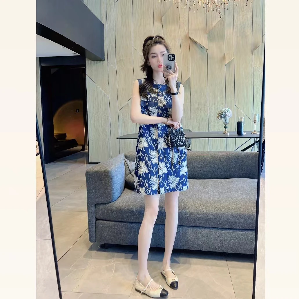 【大静静】幽蓝复古高级时尚无袖连衣裙DJJ1386