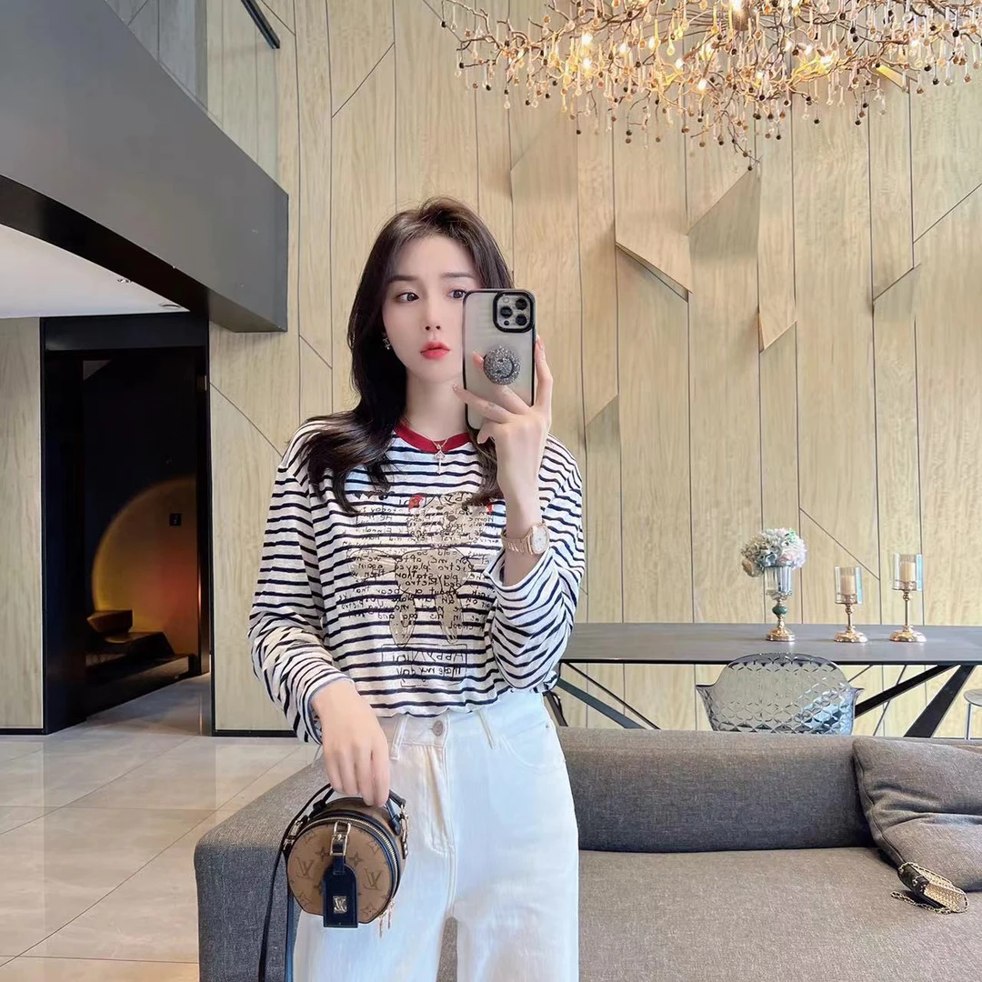 【大静静】条纹撞红色领边洋气百搭显瘦上衣1424