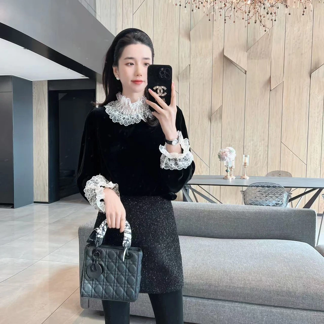 【大静静】真丝丝绒蕾丝衬衫木耳边上衣