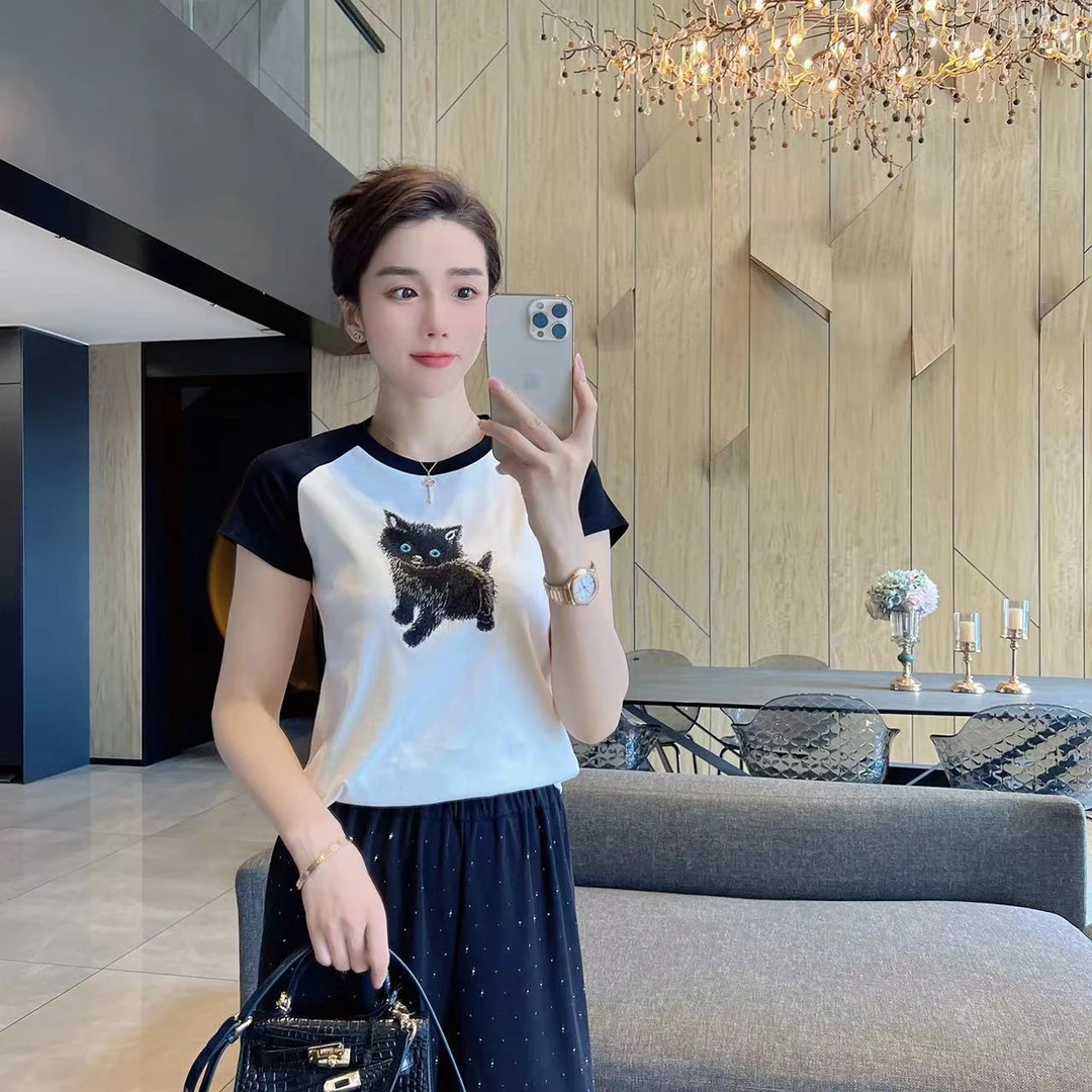 【大静静】黑色小猫设计插肩短袖小众款短袖