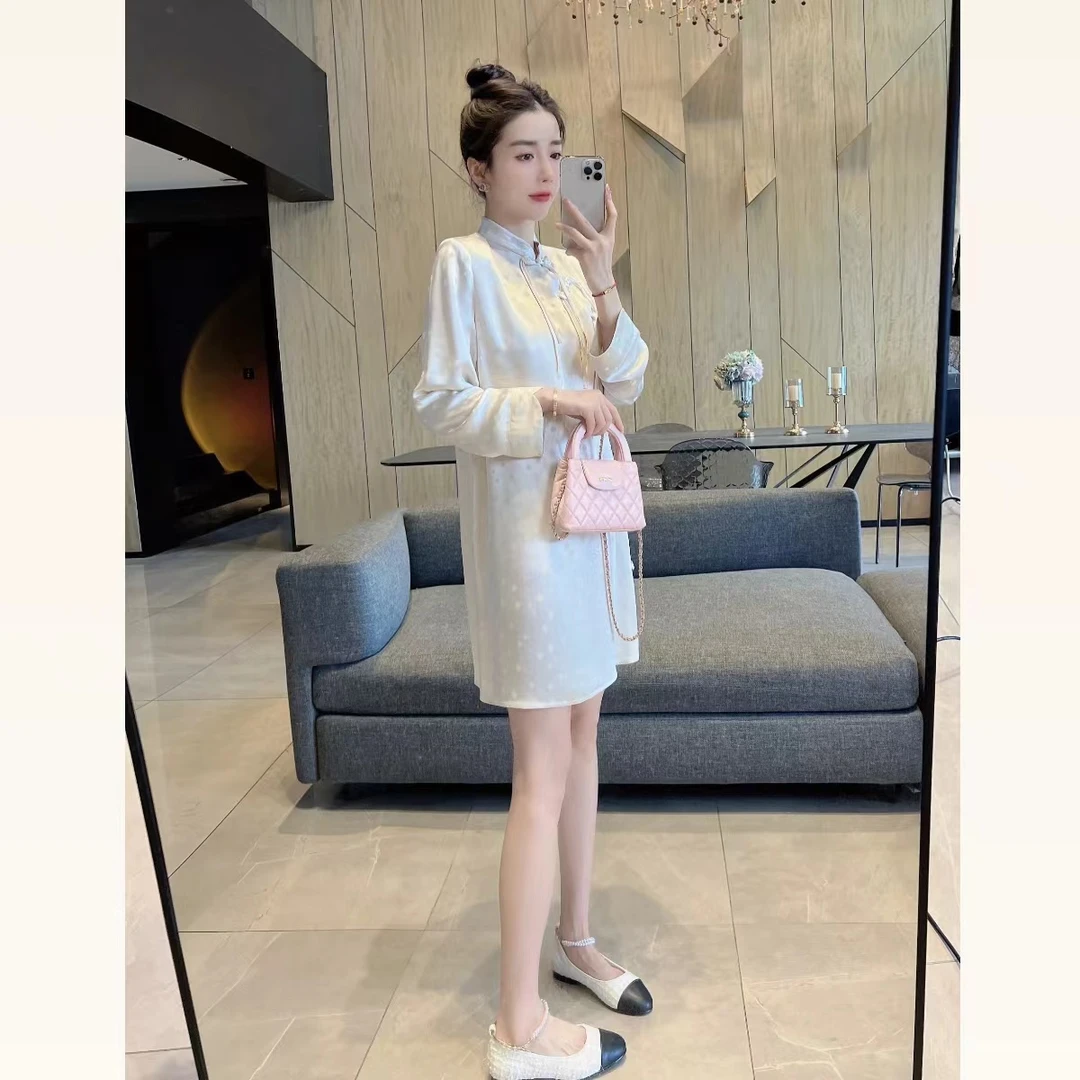 【大静静】新中式波点+斜襟盘扣改良旗袍连衣裙1083