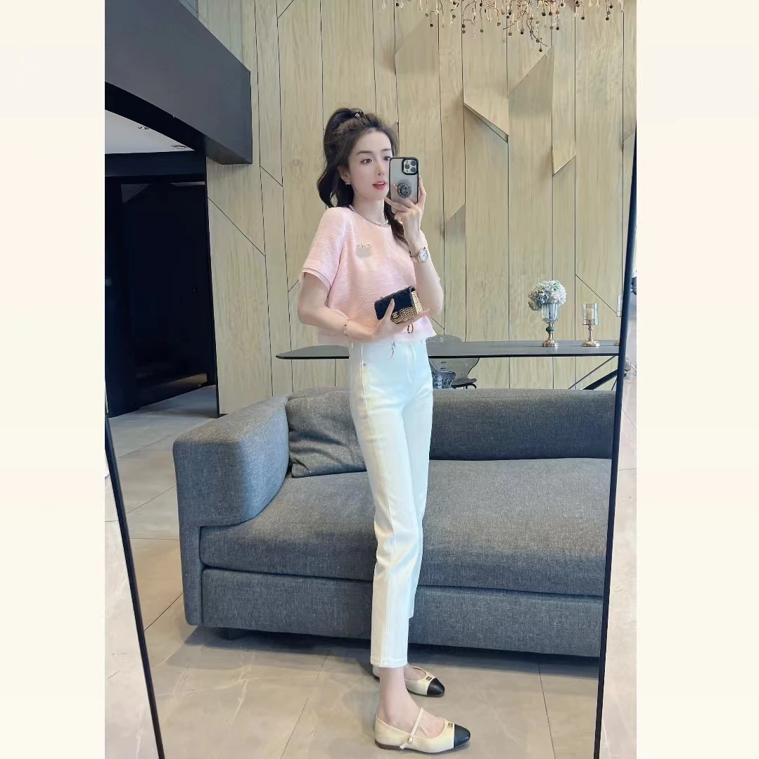 【大静静】夏季粉色小香风简约气质短上衣短袖DJJ1393