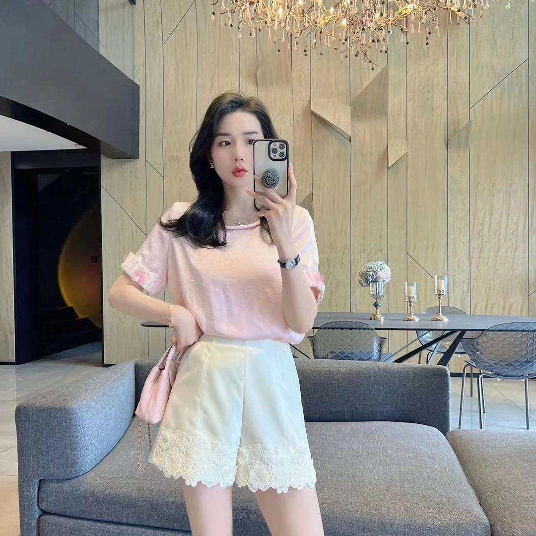 【大静静】粉色花朵点缀精致浪漫甜美上衣短袖1278