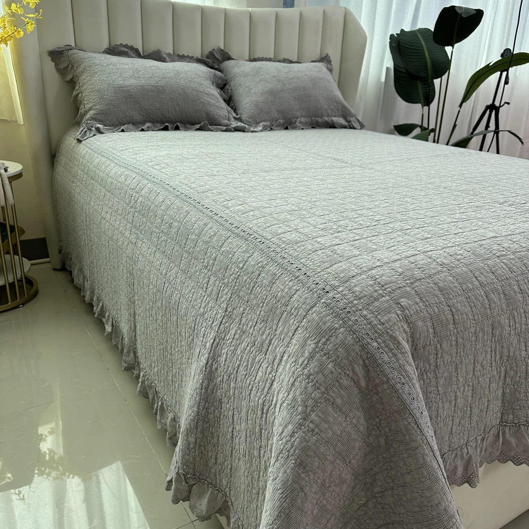 纱布提花床盖三件套绗缝全棉纯色四通通用榻榻米床单