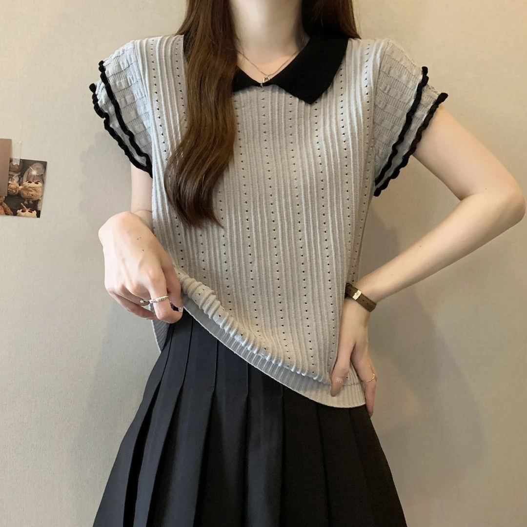 娃娃领拼色超好看t恤短袖2024新款夏季大码女装胖MM洋针织上衣女