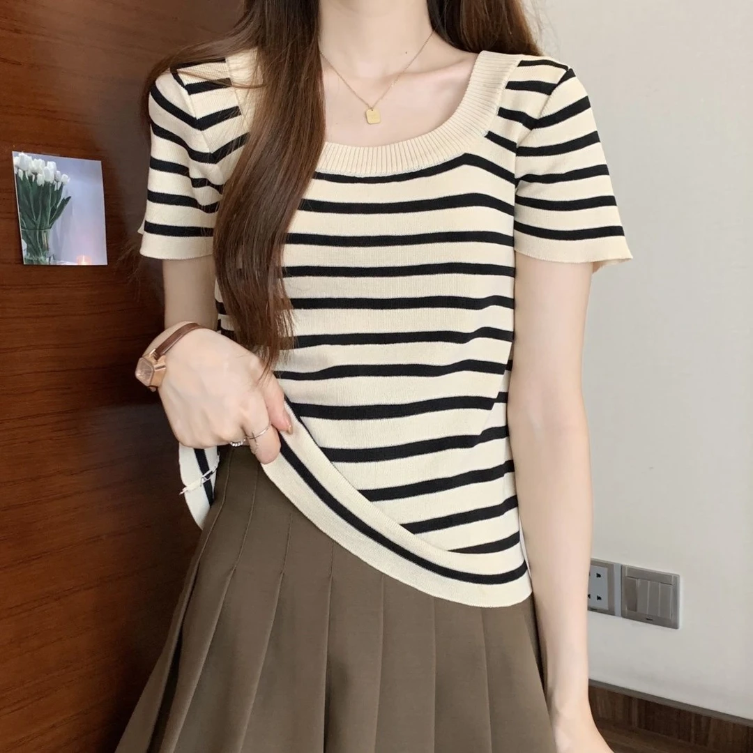 大圆领条纹超好看t恤正肩短袖2024新款夏季大码女装胖MM洋气针织
