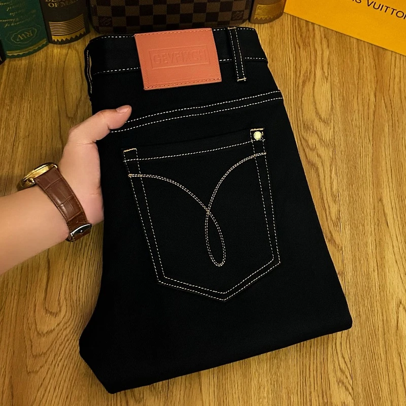 迪诺库克斯牛仔裤男款经典刺绣原色黑不掉色弹力修身小脚潮牌长裤