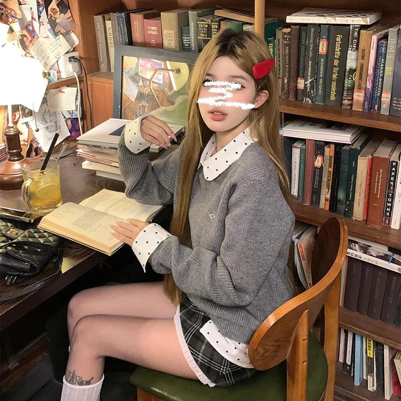 现货！灰色复古polo领可拆卸假两件套头针织衫女秋冬甜美内搭毛衣