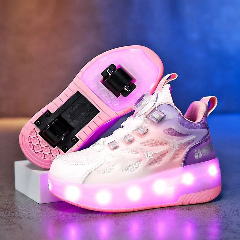 女童轮滑儿童鞋子暴走鞋6-12岁夏季透气网面运动鞋大童带灯溜冰鞋