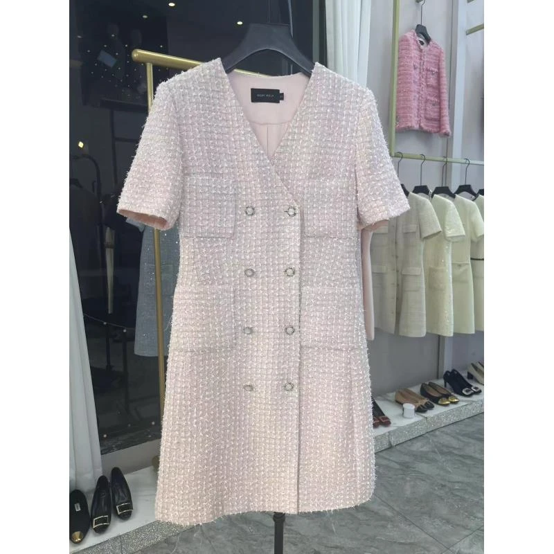 KeayKely 夏季新款（约会）粉色V领连衣裙气质显瘦时尚修身