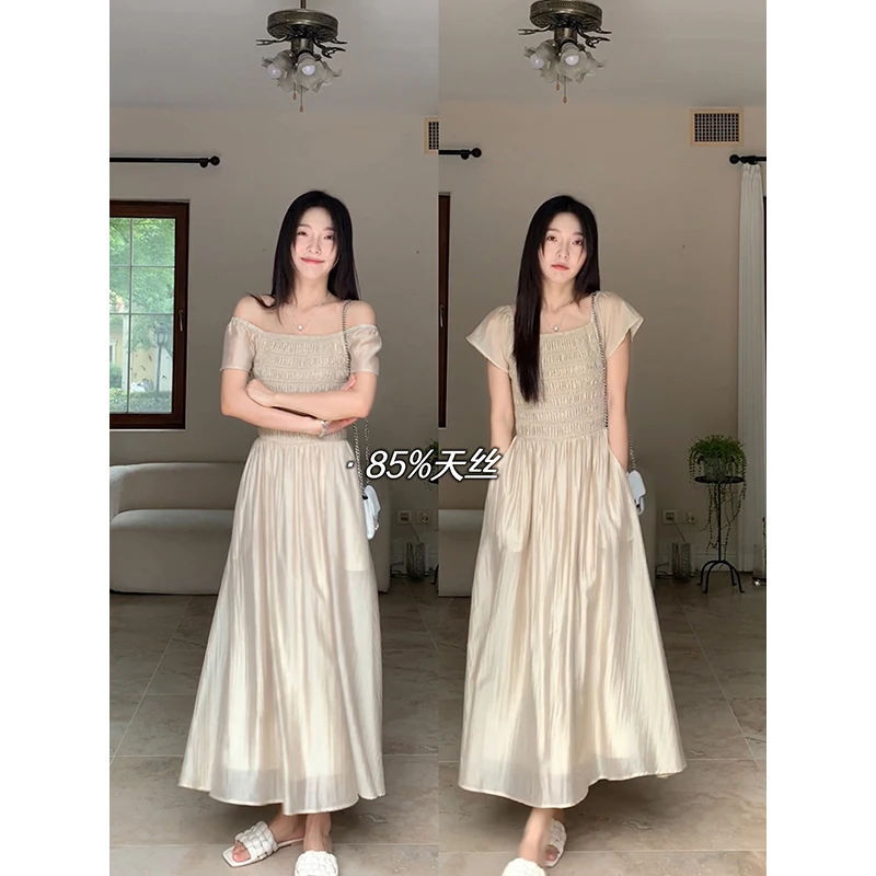 郭九九呢 天丝两穿赫本风一字肩仙女打揽长款气质连衣裙G9Q347782