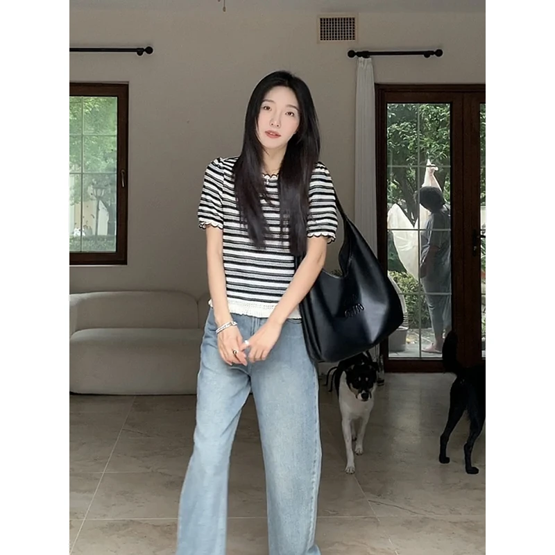 郭九九呢  针织镂空韩系复古流苏小香条纹正肩显瘦T恤 G9Y349475