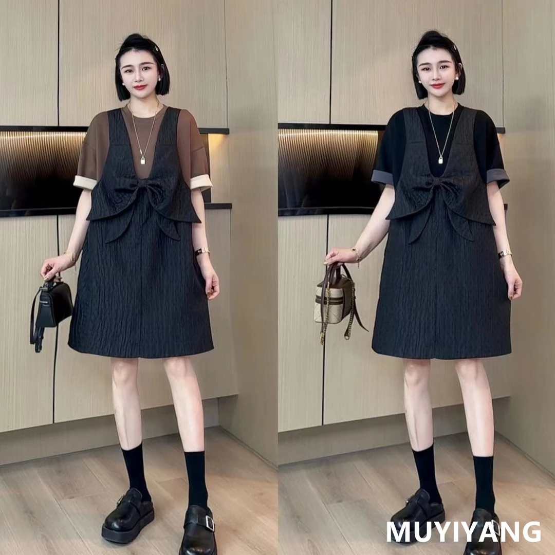 【木易杨】压褶纹理大蝴蝶结背带裙加T恤两件套 衣长88 24-220#