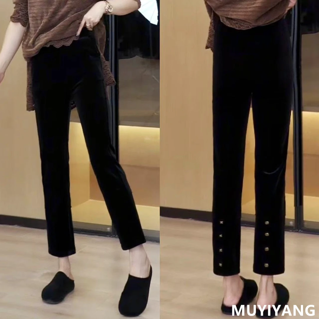 【显瘦裤】小众时尚丝绒后边扣子高定版直筒裤 裤长91 24-558#