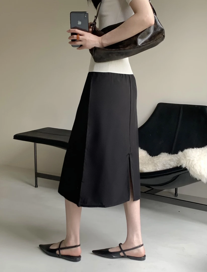 2024冰瓷缎面休闲气质夏季开叉长裙A字显瘦时尚显瘦遮肉半身裙