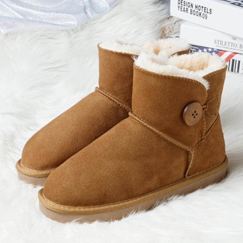 2024新款真牛皮雪地靴女一粒扣短筒东北加绒加厚棉鞋子防滑保暖