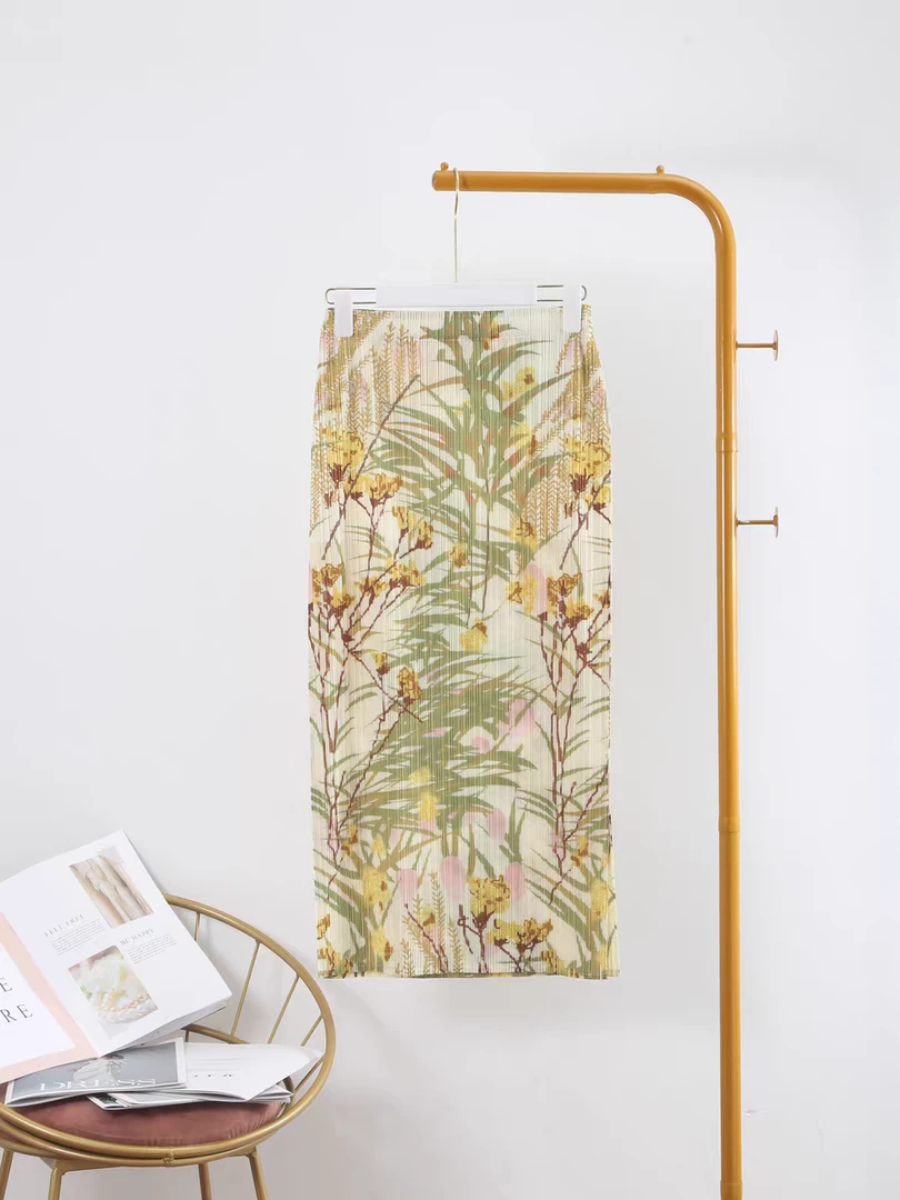 三宅高端褶皱半身裙子女大码春夏印花微胖mm小个子显瘦百褶裙