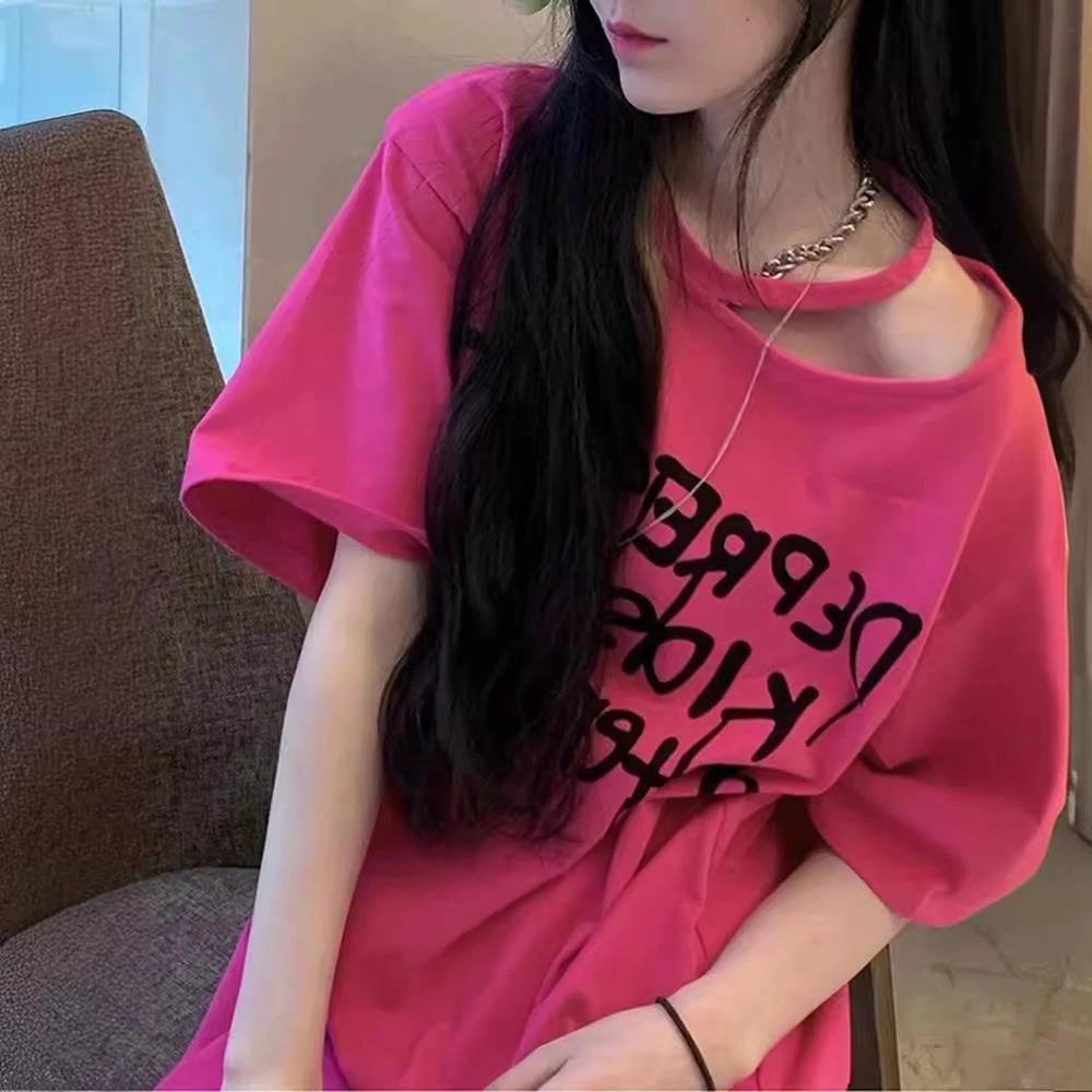 专柜商场撤回 玫红色短袖T恤女原宿风小众宽松韩版别致慵懒风上衣