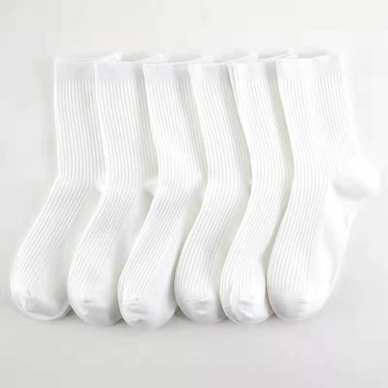 双针纯棉袜子女秋冬中筒纯色厚款女袜白色高筒白色袜子百搭长袜子