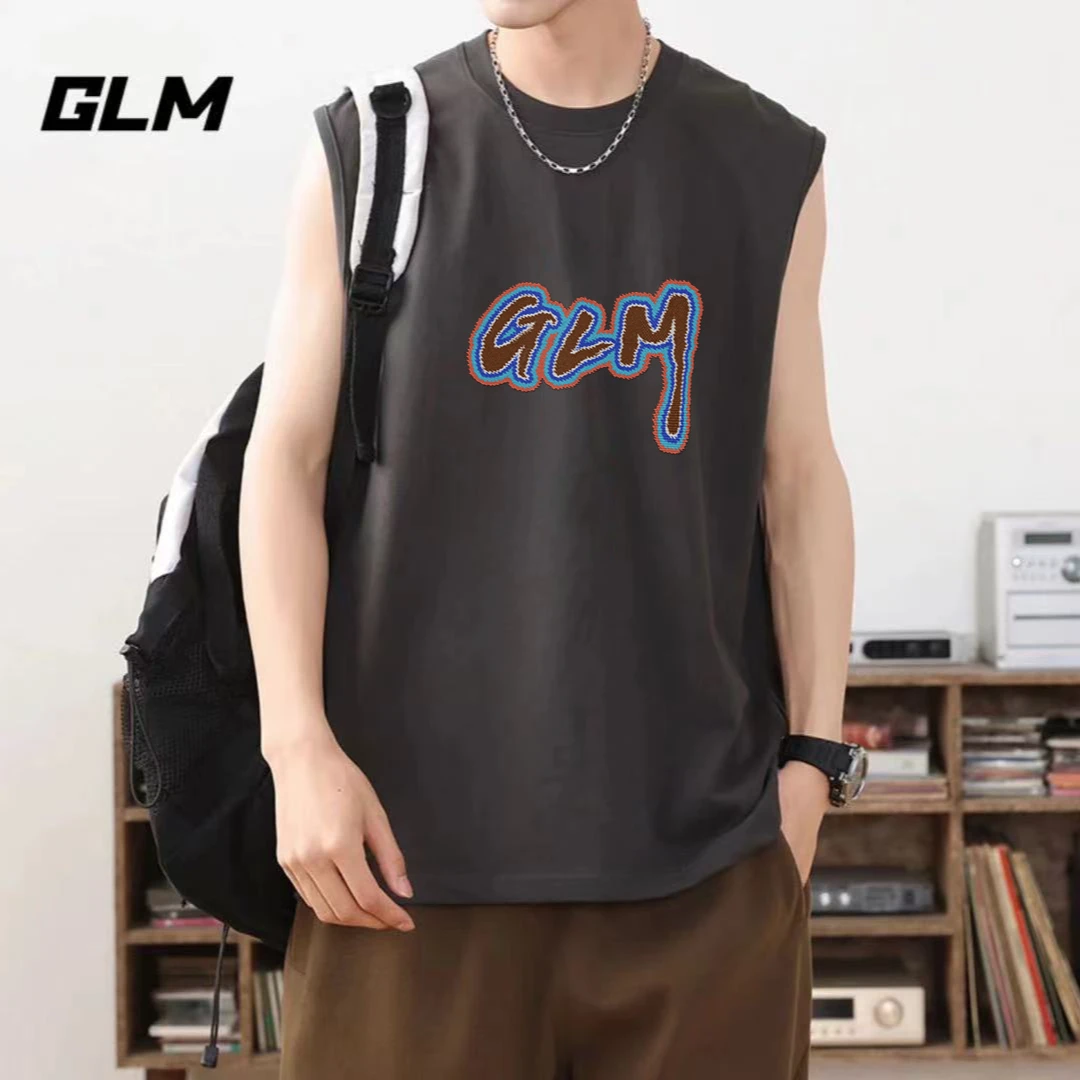 GLM夏季纯棉背心男款透气清凉无袖t恤宽松薄款休闲坎肩-蓝边GLM