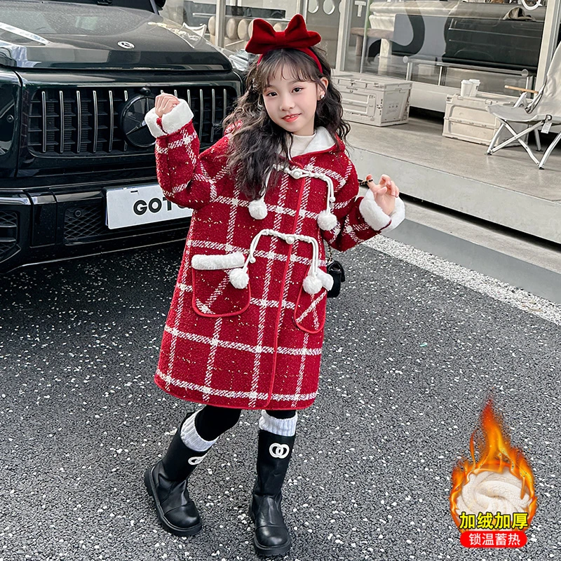 女童圣诞新年毛呢大衣23年冬季儿童宝国风连帽加绒保暖中长款外套