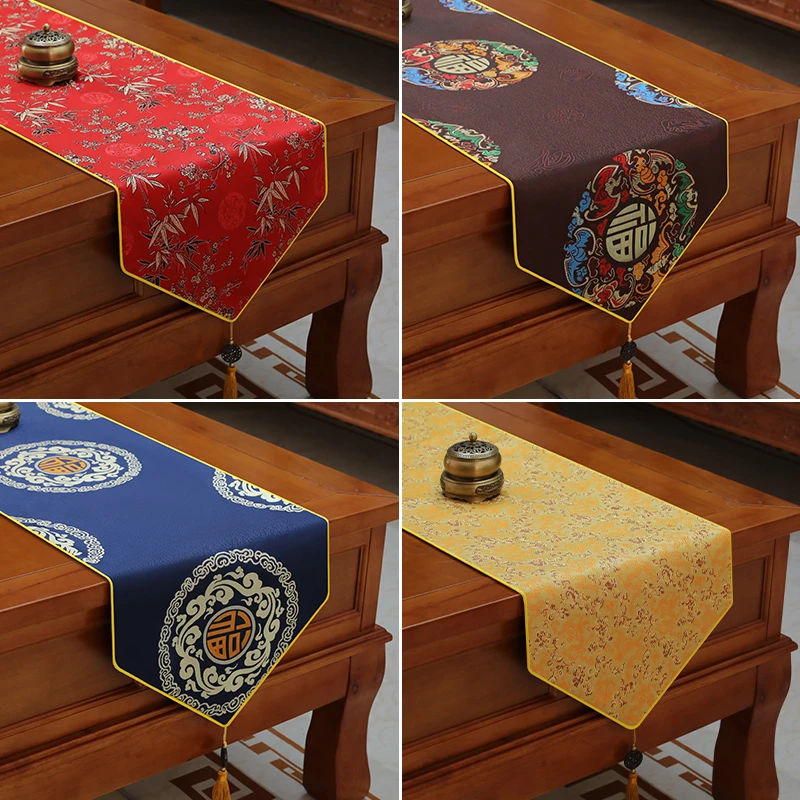 提花桌旗新款中式禅意茶席典雅高端餐桌茶几长条桌垫定制四季通用