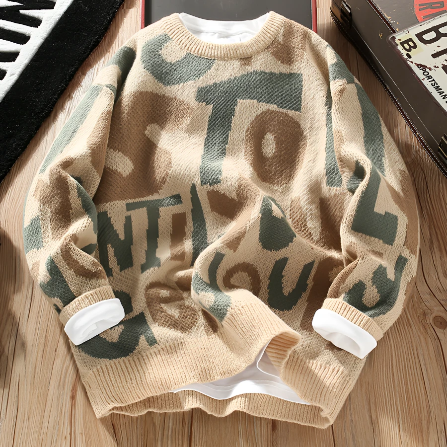 休闲圆领长袖针织衫提花套头毛衣男宽松型潮流慵懒风毛衣秋冬季