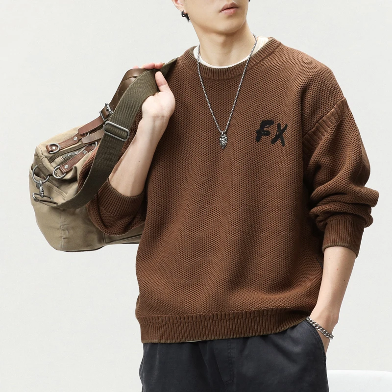 美式复古重磅圆领针织毛衣男宽松慵懒风潮牌日系秋季男士宽松毛衣