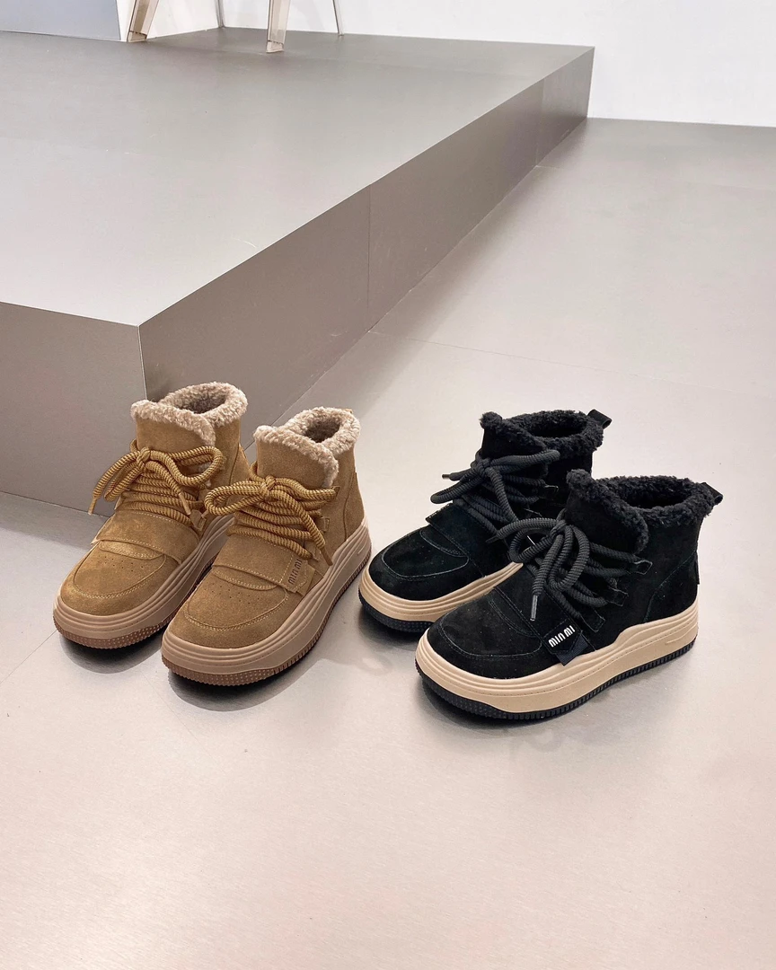 真皮磨砂牛皮系带厚底冬季雪地靴女加绒棕色保暖棉鞋短靴2023新款