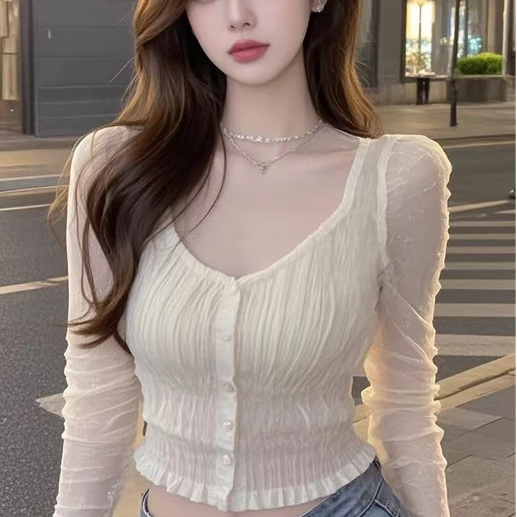 纯欲辣妹风别致褶皱长袖衬衫女2025年秋季新款修身百搭绝美小上衣