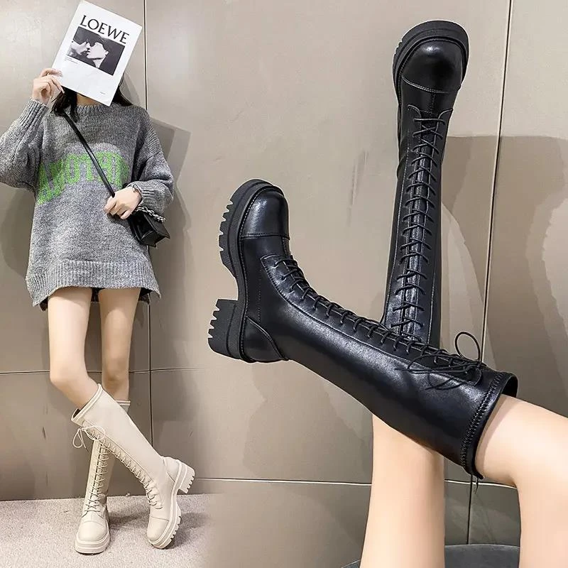平口增高长筒靴女秋冬季显瘦不过膝高筒马丁靴子小个子骑士靴女