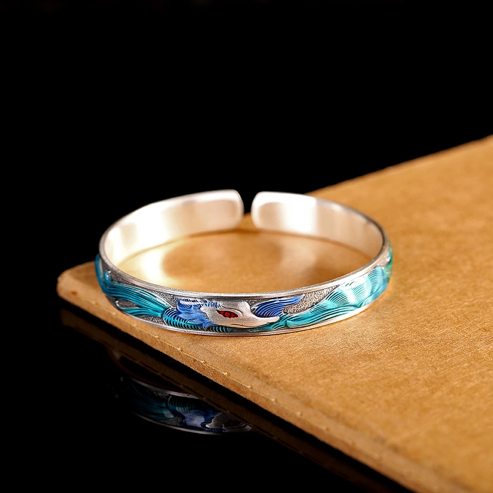 足银珐琅手镯 足银999 烧蓝民族风手镯简约时尚九尾狐开口手环