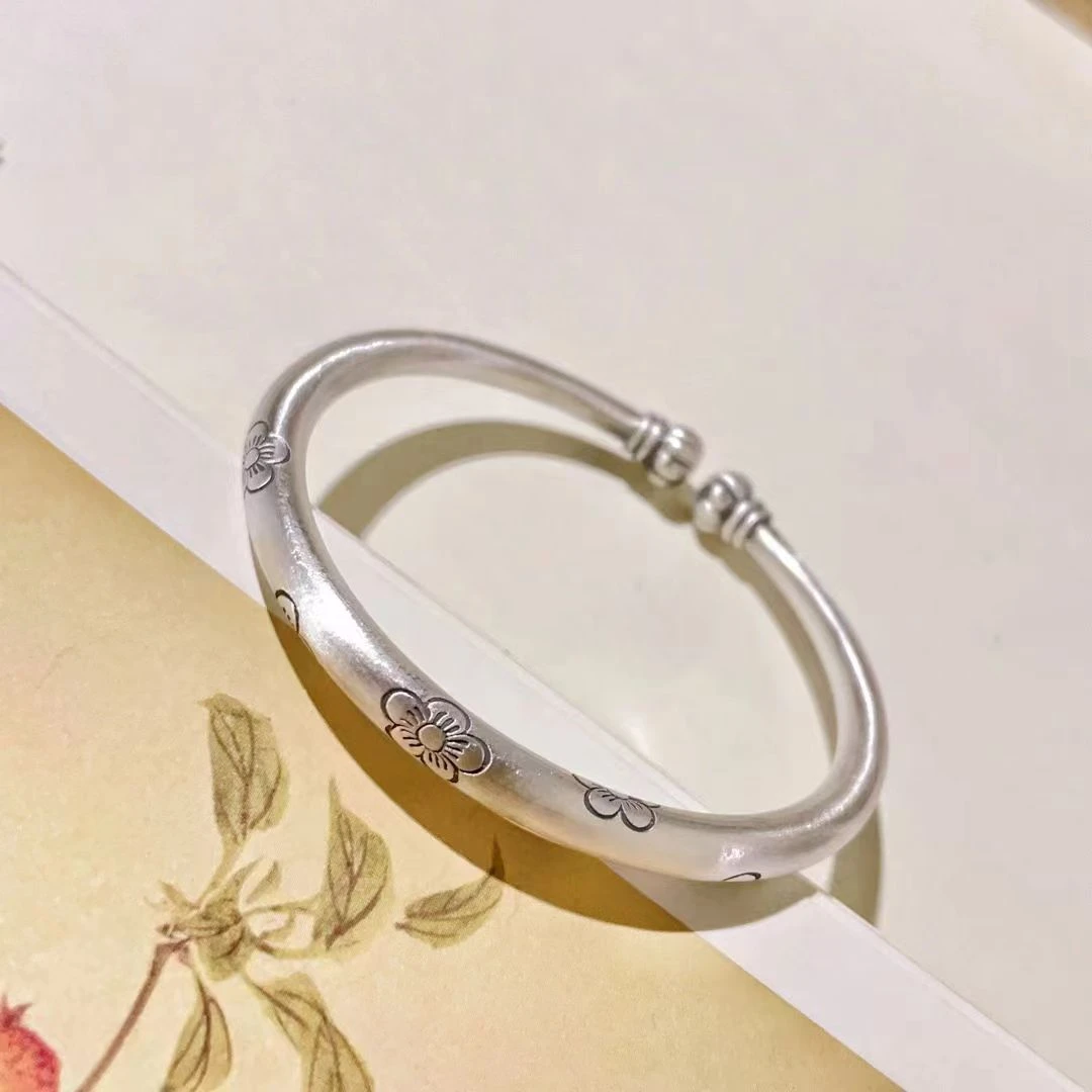 足银手镯 古法多福南瓜梅花手镯开口 时尚纯银复古贵妃镯子送女友