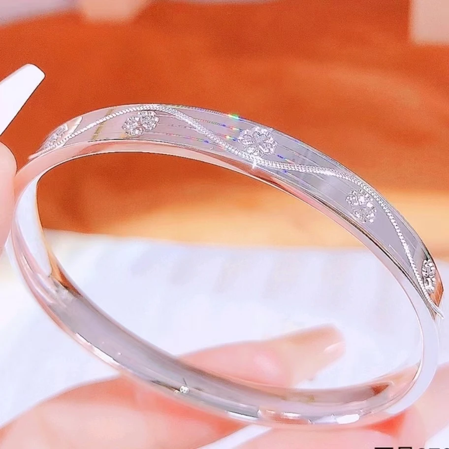 足银手镯 【乔伊】纯银999.9炫彩拉丝波浪四叶草时尚闭口款镯送女友