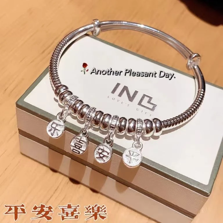 足银手镯 【乔伊】纯银9999流苏时尚气质亮面推拉平安喜乐镯送女友