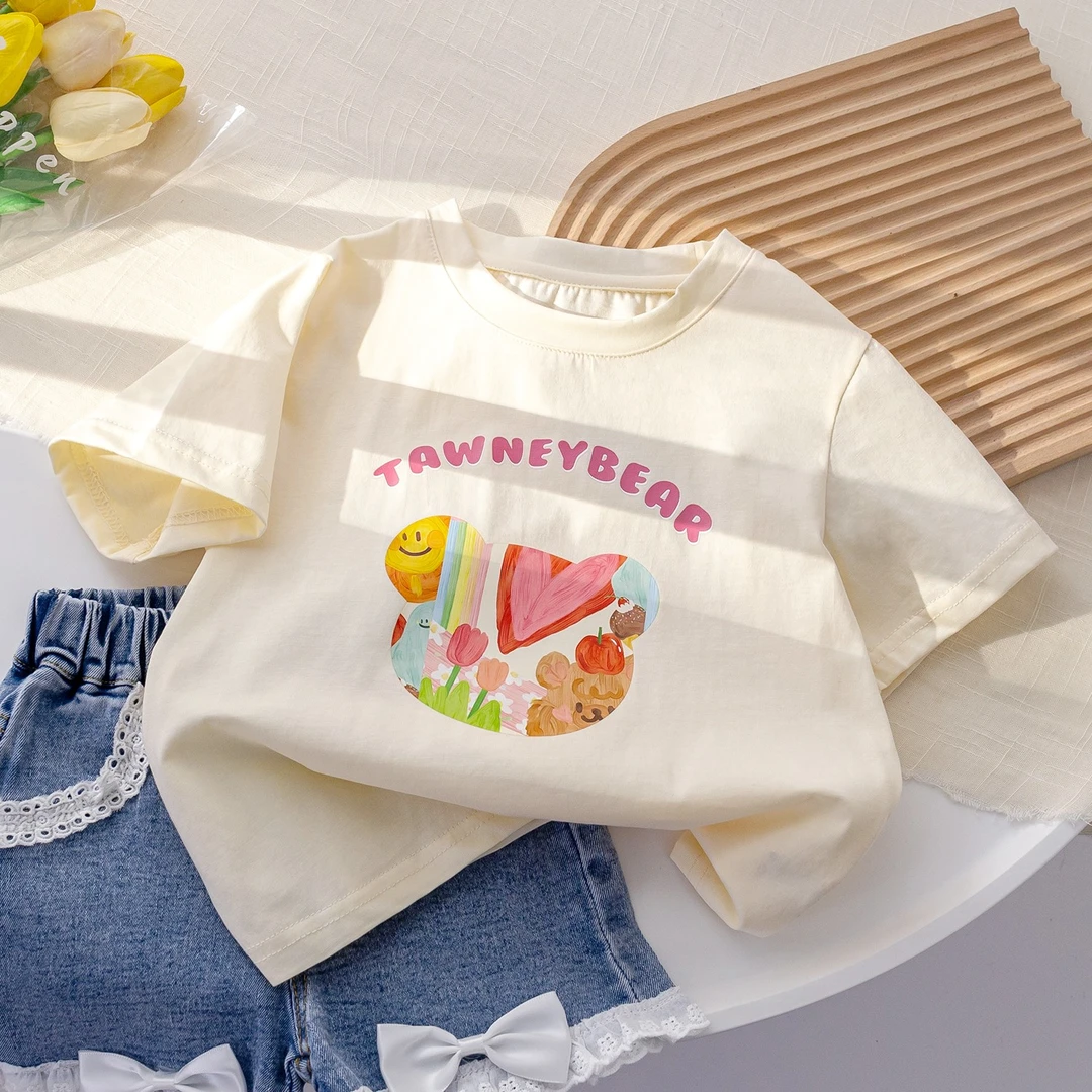 新款弹力棉短袖T恤儿童夏季韩版爱心印花上衣女童夏装半袖打底