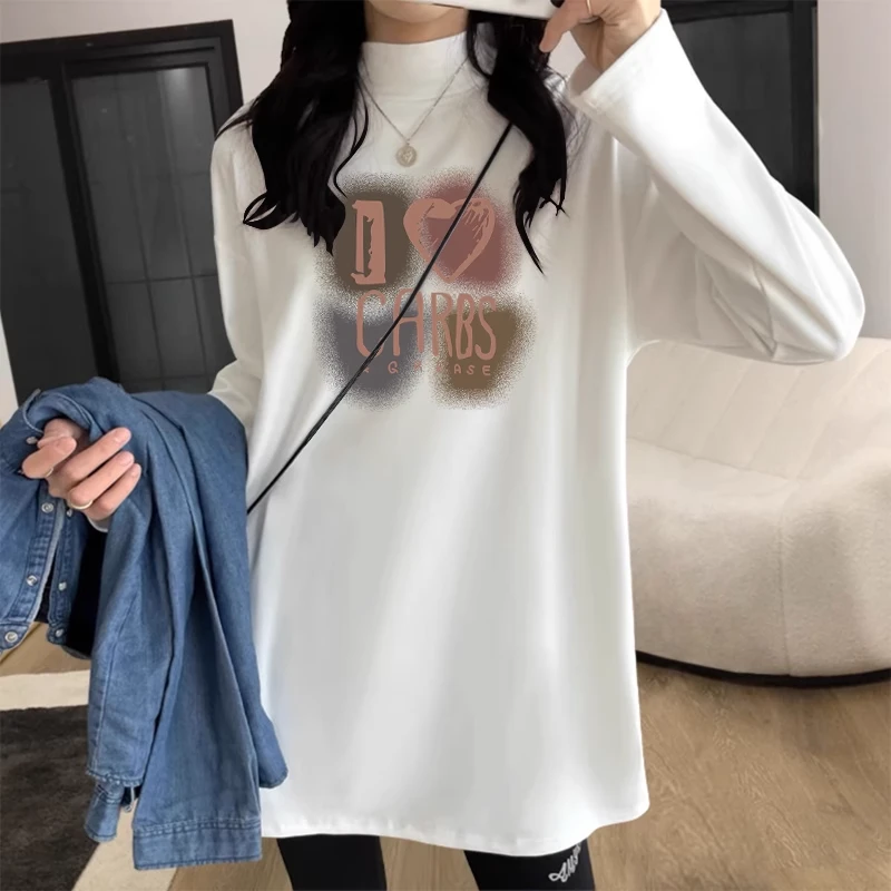 德绒加绒加厚保暖长袖T恤女宽松秋冬内搭上衣打底衫半高领中长款