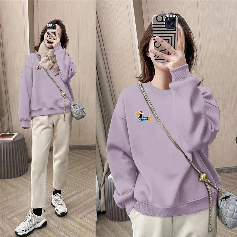 圆领套头打底衫加绒加厚卫衣女2024秋冬季新款宽松韩版潮情侣外套