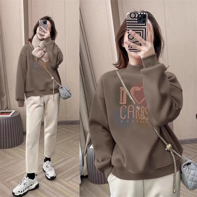 半高领套头印花打底衫加绒加厚卫衣女2024秋冬季新款宽松韩版外套