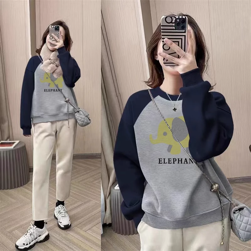 秋冬季新款美式复古宽松插肩圆领套头加绒加厚卫衣女印花上衣外套