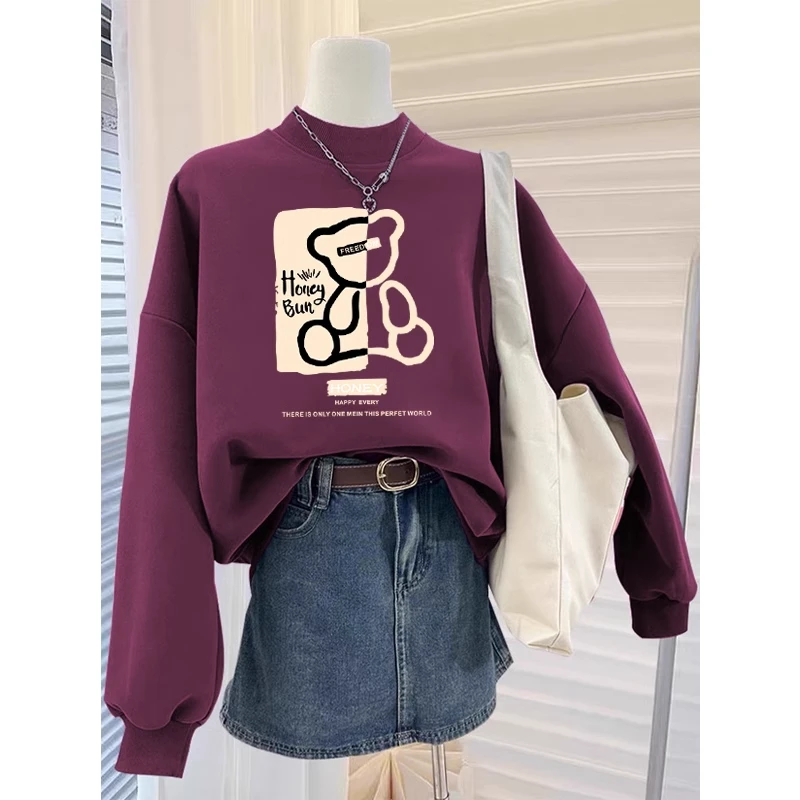 半高领套头印花打底衫加绒加厚卫衣女2024秋冬季新款宽松韩版外套