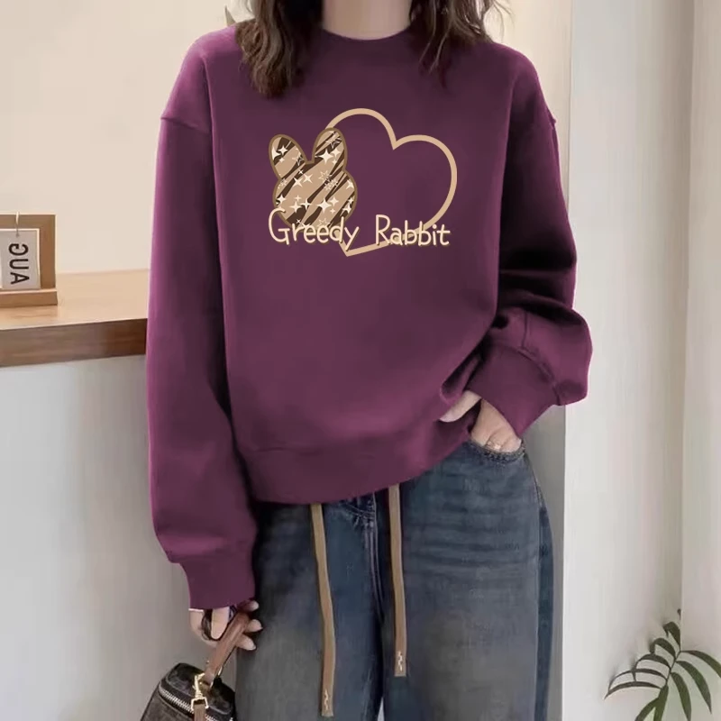 圆领套头打底衫加绒加厚卫衣女2024秋冬季新款宽松韩版潮情侣外套